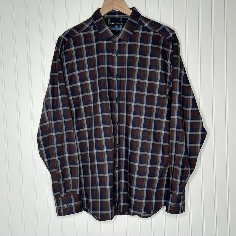 Vince Camuto Men’s Navy and Burgundy Plaid Button Down 100% Cotton Size Large